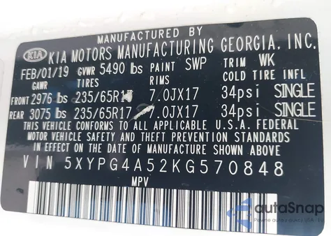 2019 Kia Sorento 3.3L Lx z USA, uszkodzony, nr VIN 5XYPG4A52KG570848